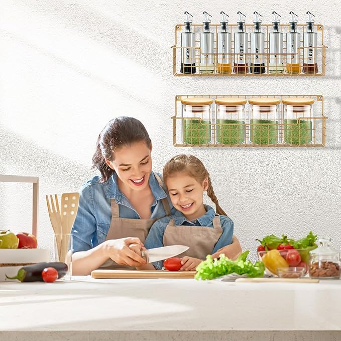Spice Rack, 4-Pack Seasoning Organizer Wall Mounted for Kitchen Storage Organization, Metal Spice Holder Shelf for Cabinet, Pantry, Gold-Ruum Studio Home