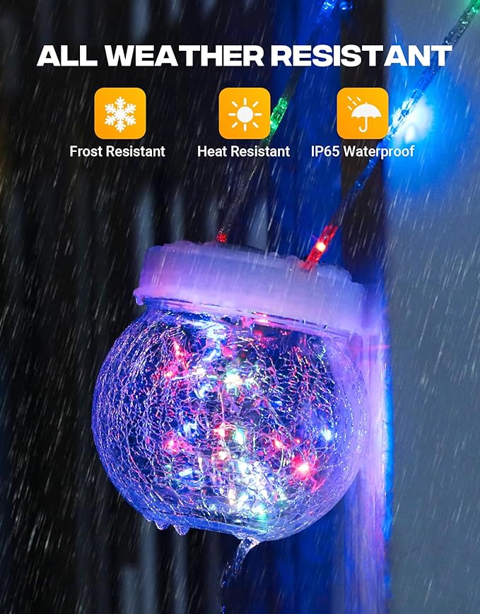 Solar Lantern Solar Lights Outdoor Waterproof 6-Pack, Solar Powered Hanging Lights Cracked Glass Hanging Globes for Christmas Decoration, Shepherd Hook, Garden Tree Ornaments,White Cap, Multi-Color-Ruum Studio Home