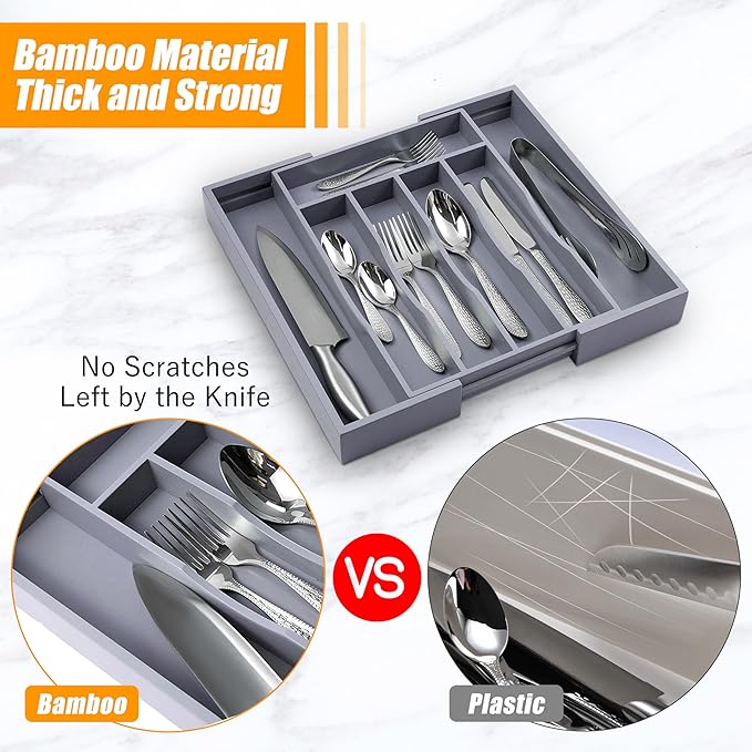 Kitchen Silverware Drawer Organizer and Storage Bamboo Wood Cooking Utensil Holder Cutlery Knife Jewelry Spice Rack Spoon Fork Multi Cabinet Organization Bathroom Counter Expandable Adjustable Tray-Ruum Studio Home