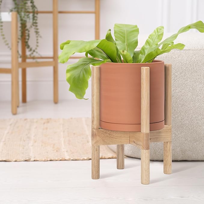 D'vine Dev Terracotta Planter with Natural Stand - 8 Inch Modern Round Flower Pot with Wood Planter Holder, Terracotta, 55-B-N-5-Ruum Studio Home