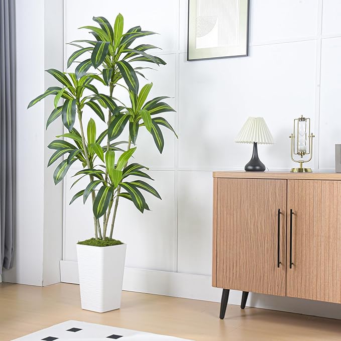 Artificial Dracaena Tree Artificial Silk Tree Faux Tree Fake Tropical Yucca Floor Plant with White Tall Planter (1, White Tall Planter, 6FT)-Ruum Studio Home