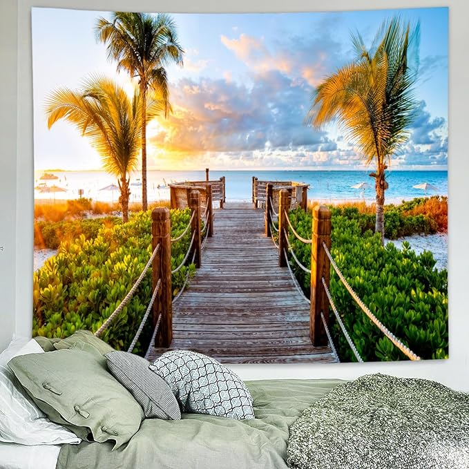 Delur Beach Sunset Tapestry Tropical Seaside Palm Tree Coastal Tapestry Wall Hanging Sunrise Nature Landscape Scenic Psychedelic Headboard for Bedroom Living Room Home Decor (70.8" x 92.5")-Ruum Studio Home