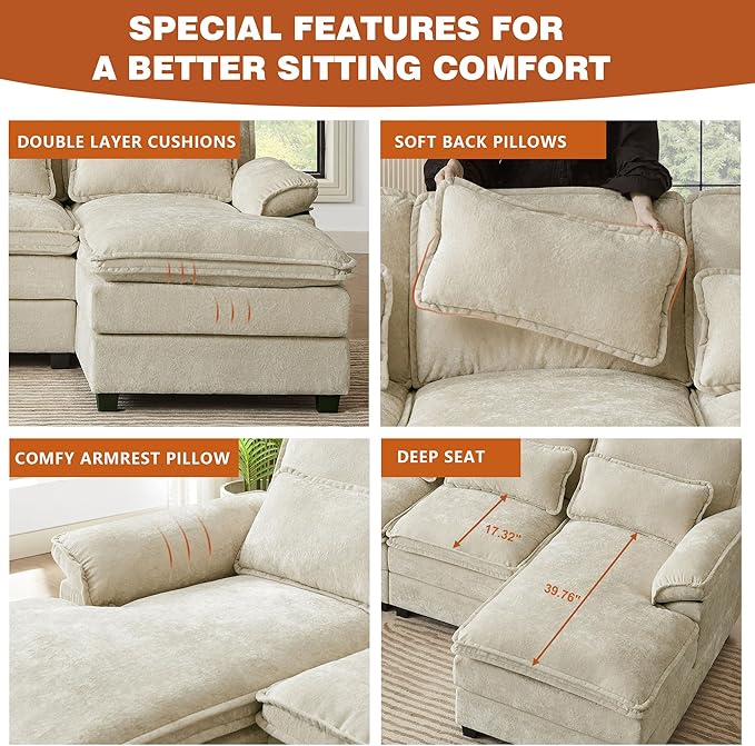 113" Oversized Cloud Couch, U Shape Sectional 4 Seat Sofa with Double Chaises, 2 Layer Cusions, Deep Seat Comfy Sofa, Upholstery Chenille Fabric for Living Room, Beige-Ruum Studio Home