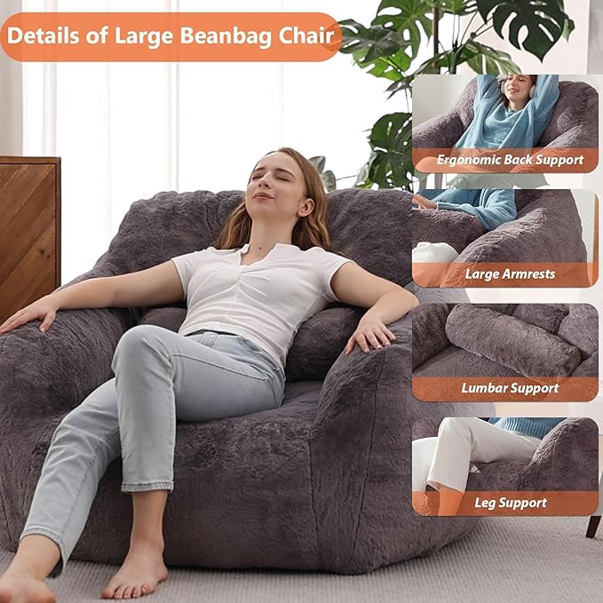 Bean Bag Chair for Adults with Pillow,Oversized Bean Bag Couch Chairs for Adults,Giant Lazy Couch Sofa Chairs with Filler,Large Reading Chair for Living Room Bedroom,Dark Gray-Ruum Studio Home