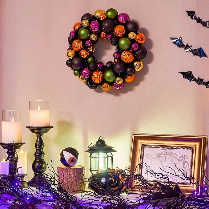 JORNOY 13inch Small Halloween Ball Wreath with Ghost&Pumpkin Accents - Seasonal Orange/Black Wall Hanging, Front Door, Mantel, Porch Decor for Home-Ruum Studio Home