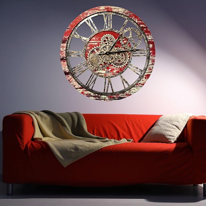 The Gears Clock The Original Real Moving Gear Wall Clock Vintage Industrial Oversized Rustic Farmhouse (24 inch (60cm),Red Lava)-Ruum Studio Home