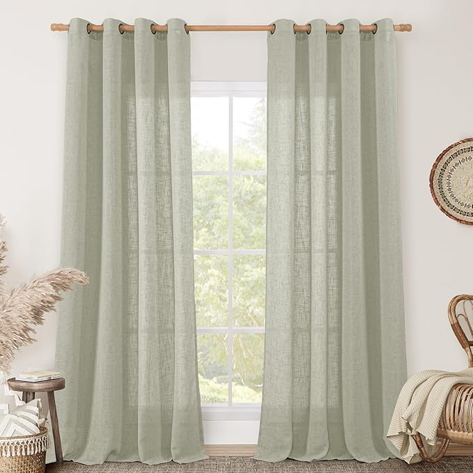 LAMIT 95 Inches Long Sheer Linen Curtains for Living Room 2 Panels, Light Filtering Country Rustic Drapes Farmhouse Window Treatment with Bronze Grommet for Bedroom, Sage Grey, 52 x 95 Inch-Ruum Studio Home