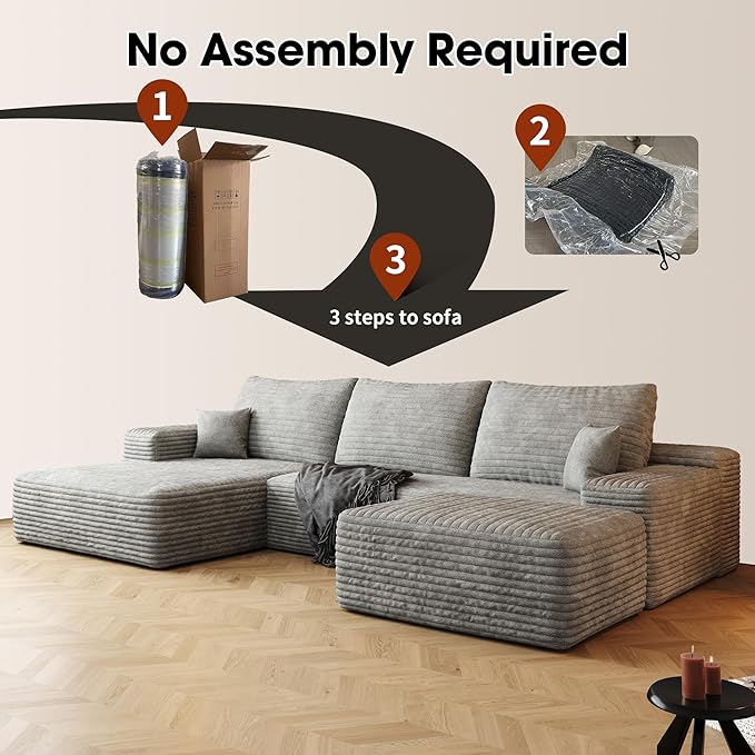 108" Sectional Couches for Living Room Modern Modular Sofa with L-Shape Couchs Upholstered Boneless Couch Deep Seat Sectional Couch with Chaise (Grey, Left Facing Chaise+2Seaters+1Ottoman)-Ruum Studio Home