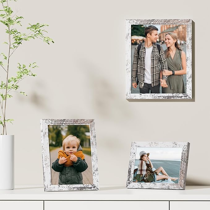 Vittanly 8x10 Picture Frames Set of 9, Shatter Resistant Plexiglass, Display 5x7 Pictures with Mat or 8x10 without Mat, Photo Frames for Wall or Tabletop, Engineered Wood, Distressed White-Ruum Studio Home