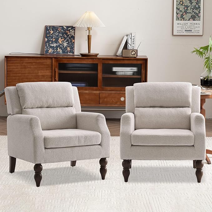 Kidol & Shellder Beige Oversized Accent Chair for Living Room Set of 2 Modern Reading Chair with Back Wide Upholstered Comfy Single Sofa Chair for Bedroom Lounge Side Corner Boucle Fabric Armchair-Ruum Studio Home