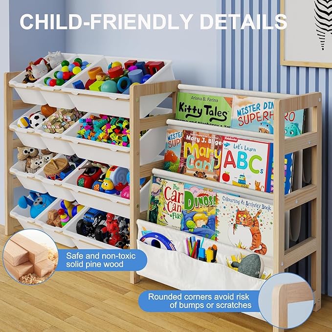 Large Toy Storage Organizer with Bookshelf, Toy Organizers and Storage with 12 Storage Bins, 4 Tier Multipurpose Toys Organizer Storage for Kids Room, Playroom, Nursery Room, White-Ruum Studio Home