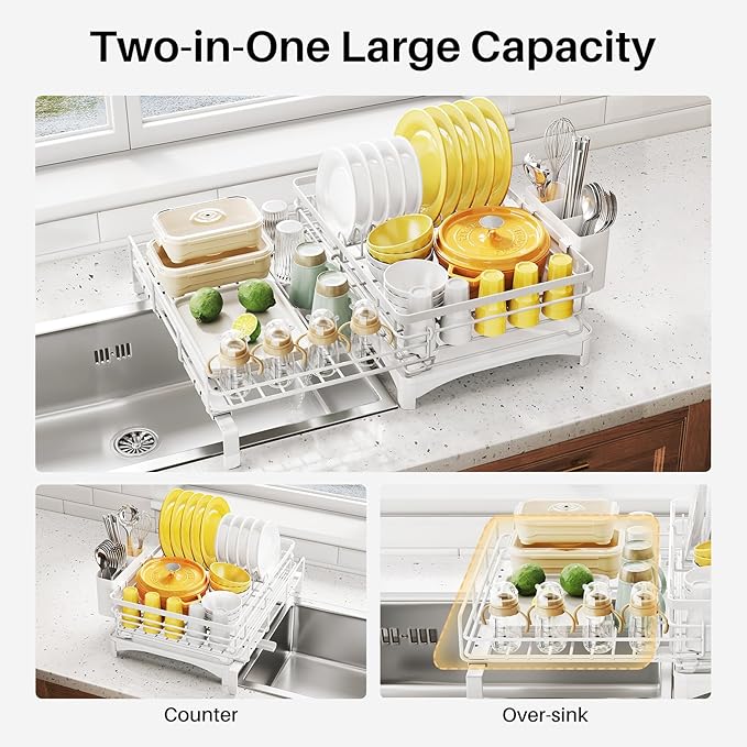 Dish Drying Rack - Extendable Dish Rack, Large Sink Drying Dish Drainer for Kitchen Counter, Stainless Steel Dish Strainer with Utensil Holder (White)-Ruum Studio Home