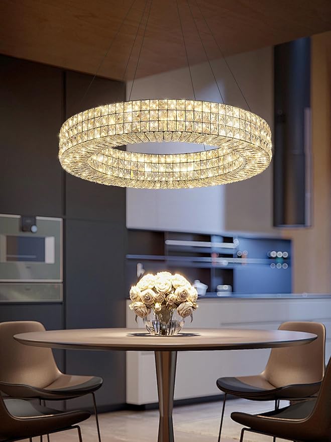 Dia 24" Modern Crystal Chandelier Black Ring Chandelier Adjustable Height Luxury Crystal Pendant Ceiling Light Fixture for Dining Living Room Bedroom-Ruum Studio Home