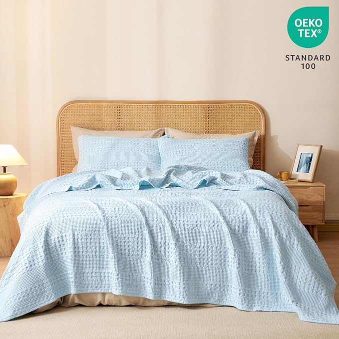 PHF 100% Cotton Waffle Weave Blanket Queen Size, Soft Lightweight Breathable Cozy Summer Blankets for Bed, Luxury Aesthetic Woven Bedding for Home Decor, 90"x90", Baby Blue-Ruum Studio Home