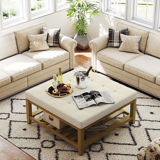 Large Square Ottoman Coffee Table, Linen Solid Upholstered Footrest Ottoman with Solid Wood Shelf Storage Tufted Coffee Table for Bedroom Living Room, Ivory-Ruum Studio Home
