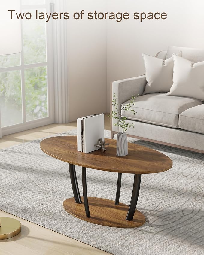 Manora Small Oval Coffee Table with Storage, Farmhouse Industrial Center Table for Living Room, Vintage Tea Table for Small Spaces, Rustic Brown-Ruum Studio Home