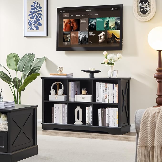 Farmhouse 6 Cube Bookshelf, Black Storage Organizer Bookcase, Kids Toy Storage Cabinet, Long Bookshelves Storage Organizer Shelf, Wood Display Cabinet Book Shelves for Bedroom,Living Room,Office-Ruum Studio Home