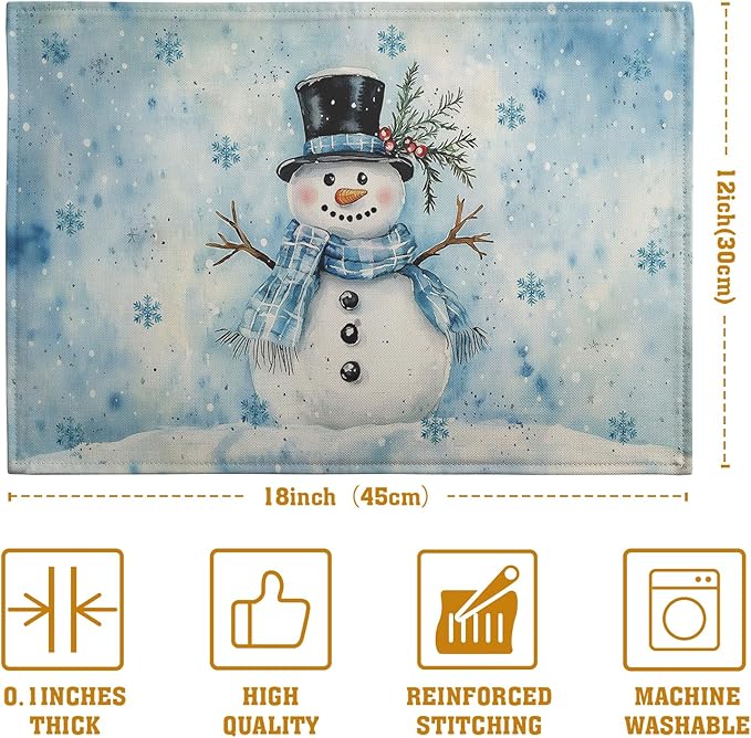 Blue Snowman Snowflake Winter Placemats Set of 4 Seasonal Christmas Linen Table Mats 12x18 Inch Xmas Holiday Snow Farmhouse Rustic Washable Place Mats for Party Kitchen Dining Outdoor Indoor Decor-Ruum Studio Home
