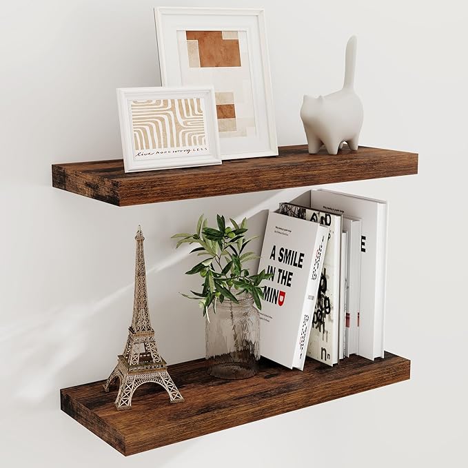 24 x 9 Floating Shelves, 9 Inch Deep Floating Shelf Wall Mounted, 24 Inch Bathroom Shelves Set of 2, Rustic Wood Wall Shelf for Bedroom, Living Room, Rustic Brown Color-Ruum Studio Home