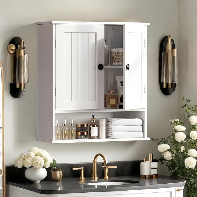 White Bathroom Cabinet Wall-Mounted, Storage Cabinets with Adjustable Shelves, Space-Saving Organizer with 2 Doors for Bathroom, Laundry, Kitchen - Moisture Resistant & Easy Install-Ruum Studio Home
