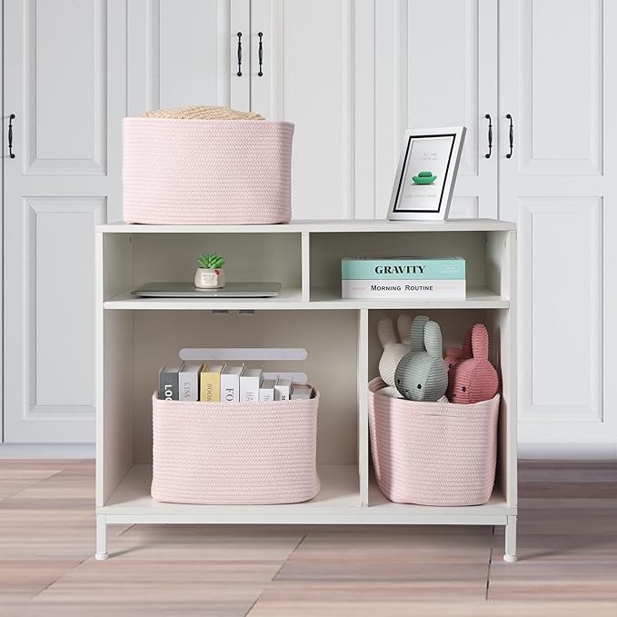 Cotton Rope storage Basket Bins Woven Basket for Organizing Shelves Rectangle Decorative Baskets For storage Clothes Toys Books Towels Square Wicker Nursery basket organizer 3 pack light pink-Ruum Studio Home