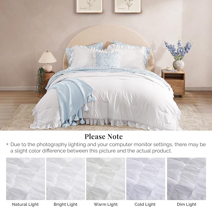 Queen Comforter Set - 7 Pieces Ruffle White Bedding Sets, Shabby Chic Farmhouse Bed in a Bag Queen with Ruffle Comforter, Floral Sheets, Pillowcases & Shams-Ruum Studio Home