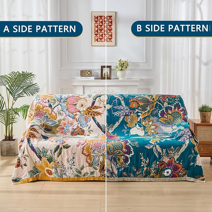 Ultra Soft Lightweight Cotton Quilts,Cozy Summer Boho Throw Blankets,Lightweight Reversible Muslin Blanket Decor Blankets for Armchair Travel, 80"x90" Large Muslin Mexican Throw Blanket-Ruum Studio Home