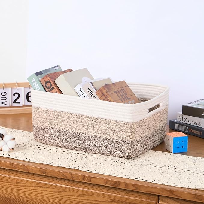 Large Storage Baskets for Organizing, Closet Shelf Baskets for Clothes Blanket Towels, Baby Nursery, Toy Bins Box, Woven Rope Baskets, 17 x 13 x 7.5”, 4 Packs Gradient Brown-Ruum Studio Home