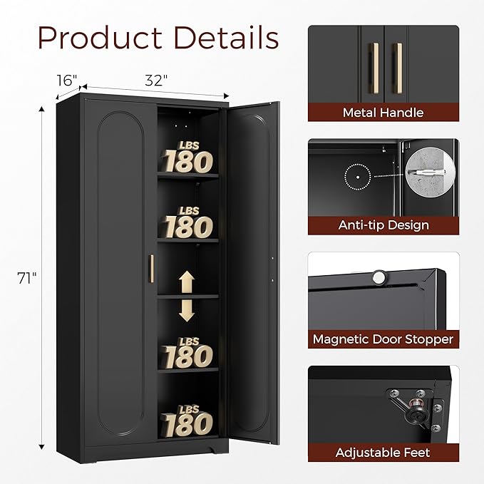 71" Tall Metal Pantry Cabinet with 4 Adjustable Shelves and Gold Handles Heavy-Duty Steel Storage for Kitchen, Dining Room or Office-Ruum Studio Home