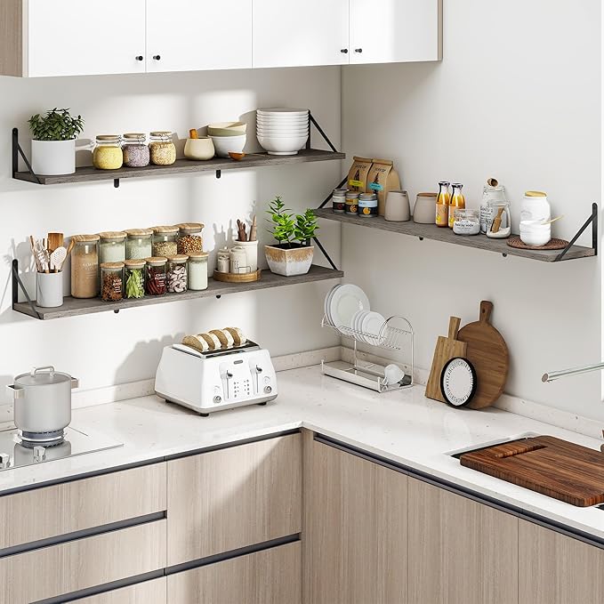 Heimlove 48 Inch Large Floating Bookshelves Set of 3,Wall Mounted Bookshelves,Heavy Duty Bracket Shelves for Living Room,Bedroom,Kitchen,Laundry Room Storage & Decor,Rustic Silver Grey-Ruum Studio Home