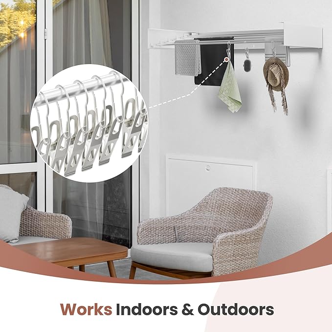 Foldable Wall-Mounted Drying Rack, Heavy-Duty 60 lb Capacity – Space-Saving Folding Laundry Hanger with 10 Clips, Rust-Proof Aluminium Clothes Dryer for Indoor & Outdoor Use-Ruum Studio Home