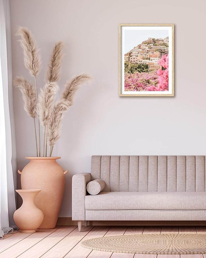 HesenDot Natural OAK Wood Amalfi Coast Framed Wall Art,12x16in Italy Beach Canvas Wall Print, Pink Flowers House Boho Wall Decor for Living Room,Bedroom,Office Gallery Gifts Set of 1-Ruum Studio Home