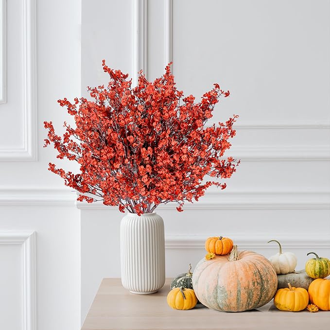 Sggvecsy 15 Pcs Babys Breath Artificial Flowers Gypsophila Bouquets Bulk Real Touch Fake Silk Flowers for Home DIY Floral Arrangement Table Centerpiece Fall Thanksgiving Autumn Decoration (Orange Red)-Ruum Studio Home