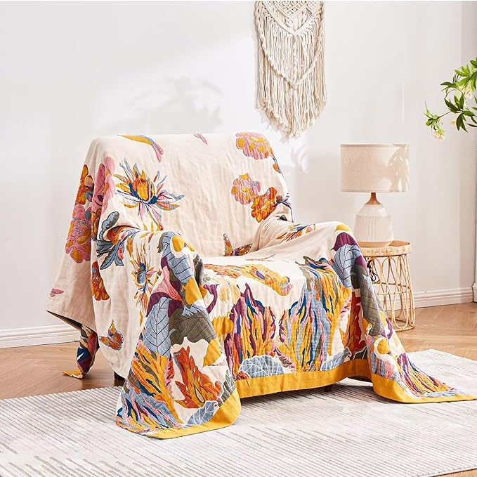 Boho Throw Blanket, 100% Cotton Ultra Soft Luxury Throw Rustic Quilt, 90"x98" Floral Bird Butterfly Farmhouse Decor Bed Blankets, All Season Rustic Reversible Bohemian Throw for Bed - Yellow-Ruum Studio Home