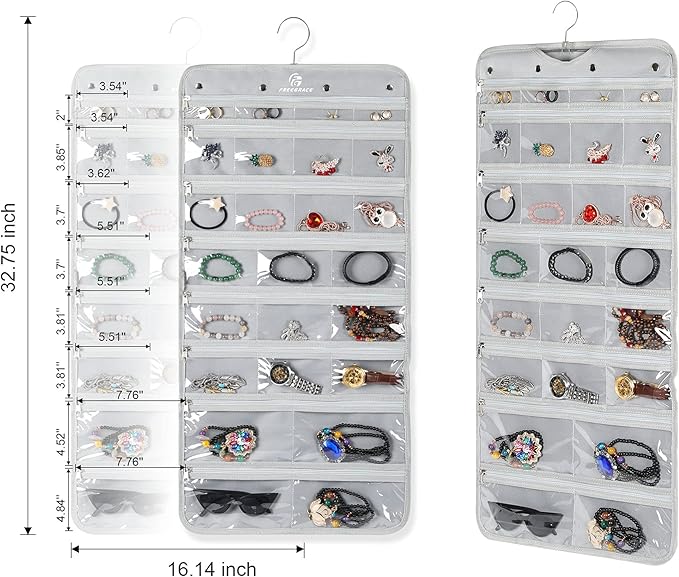 Freegrace Hanging Jewelry Organizer Revolving Hanger - Secure Zipper Closure - 50 Pockets - Foldable Storage & Display Solution - For All Jewelry & Bijoux (Gray)-Ruum Studio Home