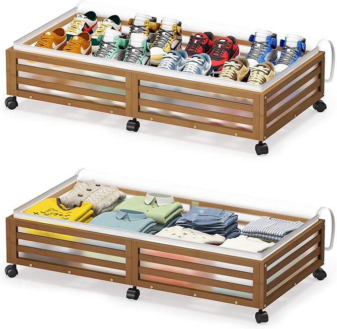Under Bed Storage Containers With Wheels - 2 Pcs Large Bamboo Wood Rolling Underbed Shoe Storage Bins With Dust Bags for Clothes Blankets, Duvet Covers Snacks Toys (Walnut)-Ruum Studio Home
