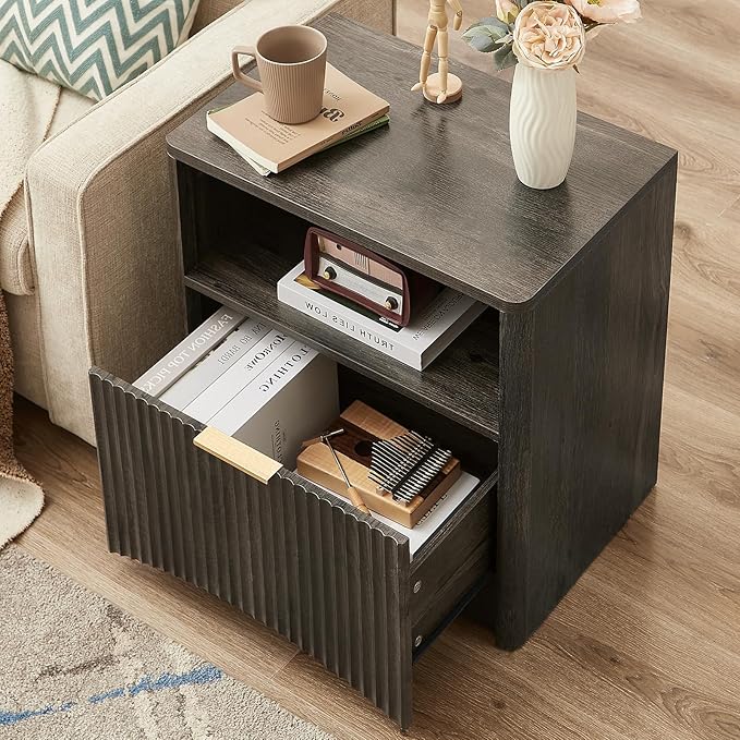 Fluted Nightstand, Dark Grey Bedside Table with Drawer and Storage, Wood End Table Mid Century Modern, Large Night Stand for Bedroom-Ruum Studio Home