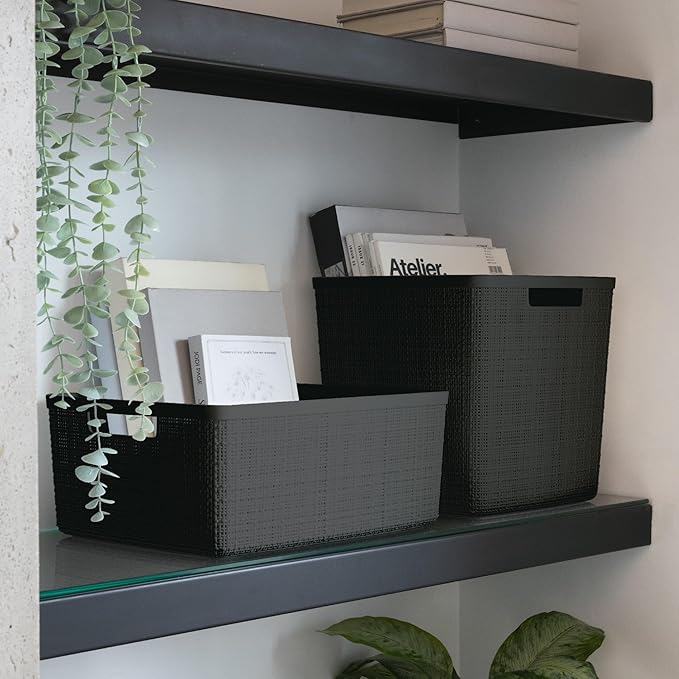 Curver Set of 6 Jute Medium Decorative Plastic Organization and Storage Baskets, Perfect Bins for Home Office, Closet Shelves, Kitchen Pantry and All Bedroom Essentials, Black-Ruum Studio Home