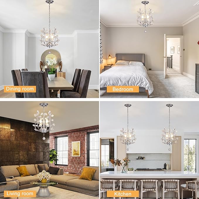 Ganeed 3-Light Branch Crystal Chandelier, Small Flush Mount Vintage Pendant Hanging Lighting, K9 Crystal Farmhouse Ceiling Light for Dining Room Bedroom Living Room Kitchen Hallway, Chrome Silvery-Ruum Studio Home