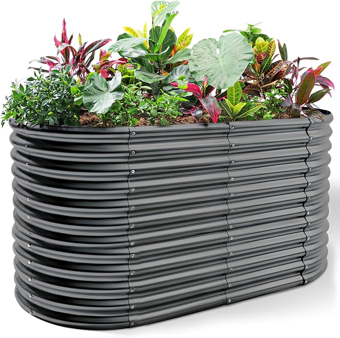 Land Guard 8x4x3ft Oval Galvanized Raised Garden Beds, Large-Capacity Metal Planter Box Outdoor, Durable Deep Raised Garden Bed 3ft Tall, Raised Beds for Gardening Vegetables, Dark Grey-Ruum Studio Home