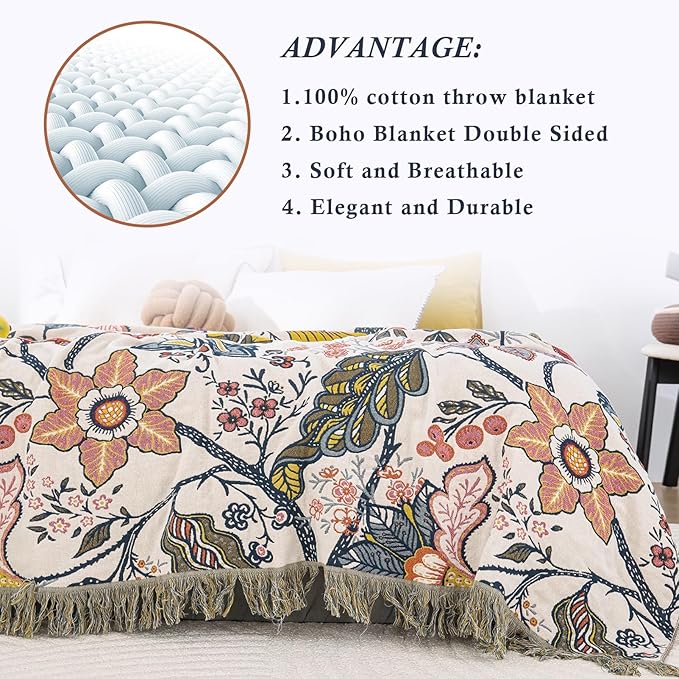 Snycler Boho Throw Blanket for Bed, 100% Organic Cotton Muslin Soft Throw-Floral Farmhouse Rustic Spring Summer Fall Decor Blanket for Couch Sofa Quilt and Gift, 60" x 80" White-Ruum Studio Home