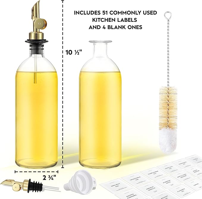 Olive Oil Dispenser Bottle - Includes 55 Kitchen Essential Labels - Cooking Oil Bottles for Kitchen, Coffee Syrup Dispenser - Pourer Spout with 16.9 fl oz Glass Container Cruet - 2pcs, Gold-Ruum Studio Home