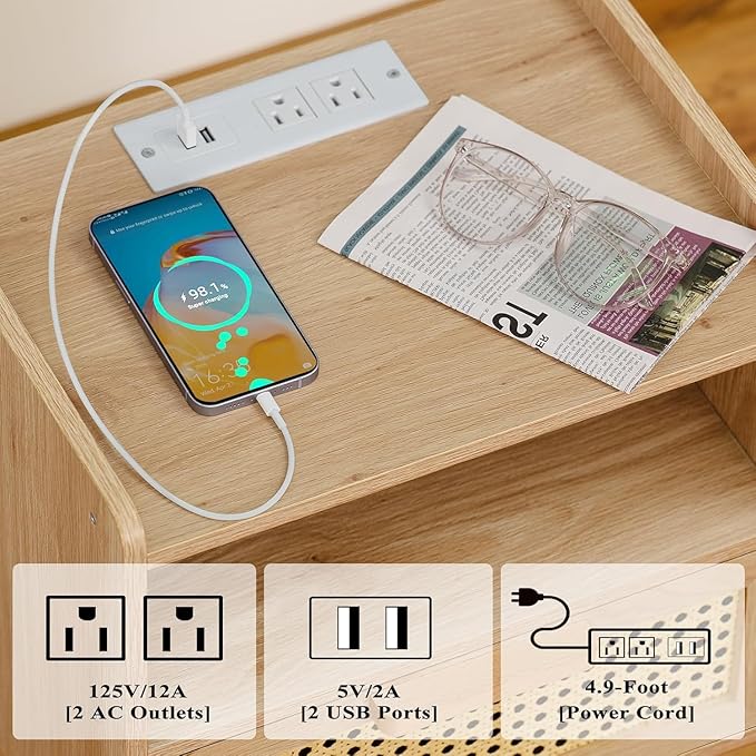 Lerliuo Rattan Nightstand with Charging Station, Boho Night Stand with Handmade Natural Rattan Drawer and Open Shelf, Cane Accent Side End Tables with Solid Wood Legs for Bedroom, Dorm, Small Spaces-Ruum Studio Home