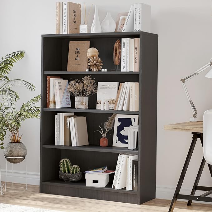 Bookshelf, Open Modern Bookshelf, 4 Shelf Bookcase with Freestanding Display Storage, Wooden Book Shelf for Bedroom, Living Room, Dinning Room, Office, 48 Inch, Gray-Ruum Studio Home