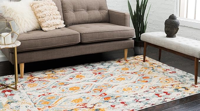 Unique Loom Rosso Collection Vintage, Geometric, Bohemian, Traditional, Distressed, Southwestern Area Rug, 5' 0" x 8' 0", Multi/Ivory-Ruum Studio Home