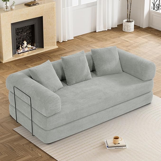 Convertible Sleeper Sofa Bed with Pillow, 4-in-1 Corduroy Folding Mattress Couch with Fixed-Shape Frame, Futon Fold Out Floor Sofa Cama Lounge Couch for Living Room Bedroom, Light Grey-Ruum Studio Home