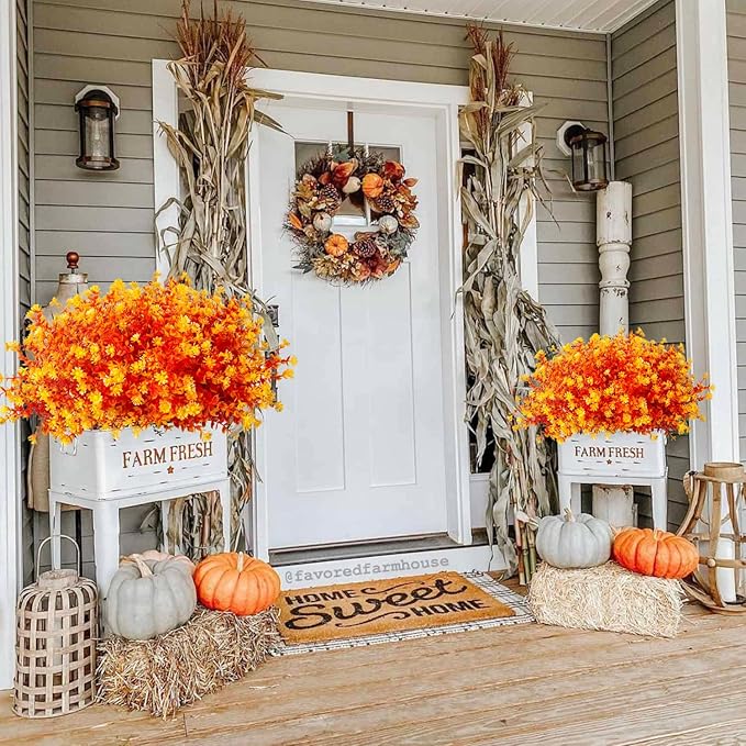 12 Bundles Artificial Fall Flowers No Fade Faux Autumn Plants, Fake Indoor Outdoor Greenery Decorations for Thanksgiving Christmas Wedding Party Home Garden Fireplace Décor (Fall Orange)-Ruum Studio Home