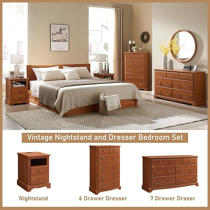 T4TREAM 7 Drawers Dresser Chests for Bedroom, Wood Vintage Chests of Drawers, Rustic Dressers Chset Organizer for Bedroom, Living Room, Hallway, Cherry-Ruum Studio Home