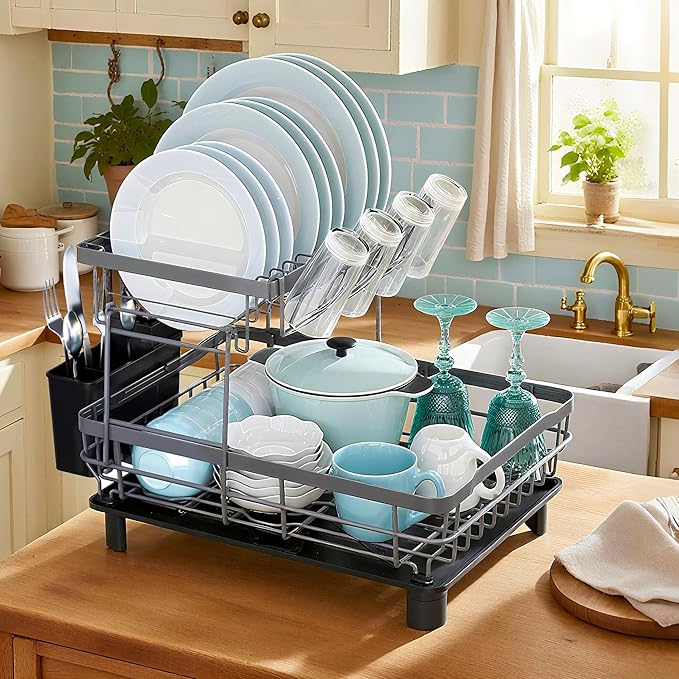 MOUKABAL Dish Drying Rack, 2 Tier Dish Rack, Large Dish Racks for Kitchen Counter, Dish Drainer with Removable Utensil Holder, Drainboard (Grey)-Ruum Studio Home