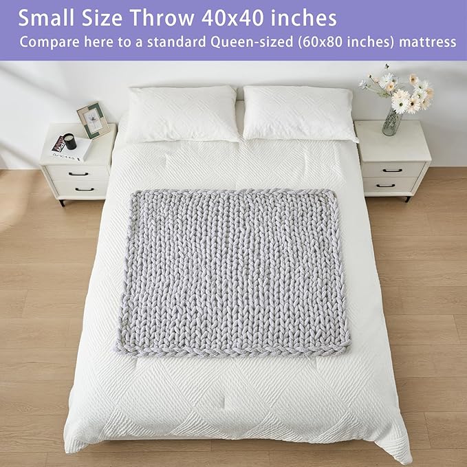 Bigacogo Chunky Knit Throw Blanket for Couch, 40x40 inches, 100% Hand Knitted with Thick Jumbo Chenille Yarn, Cozy Soft Large Rope Knot Cable Crochet Blankets for Sofa Bed Living Room, Light Grey-Ruum Studio Home